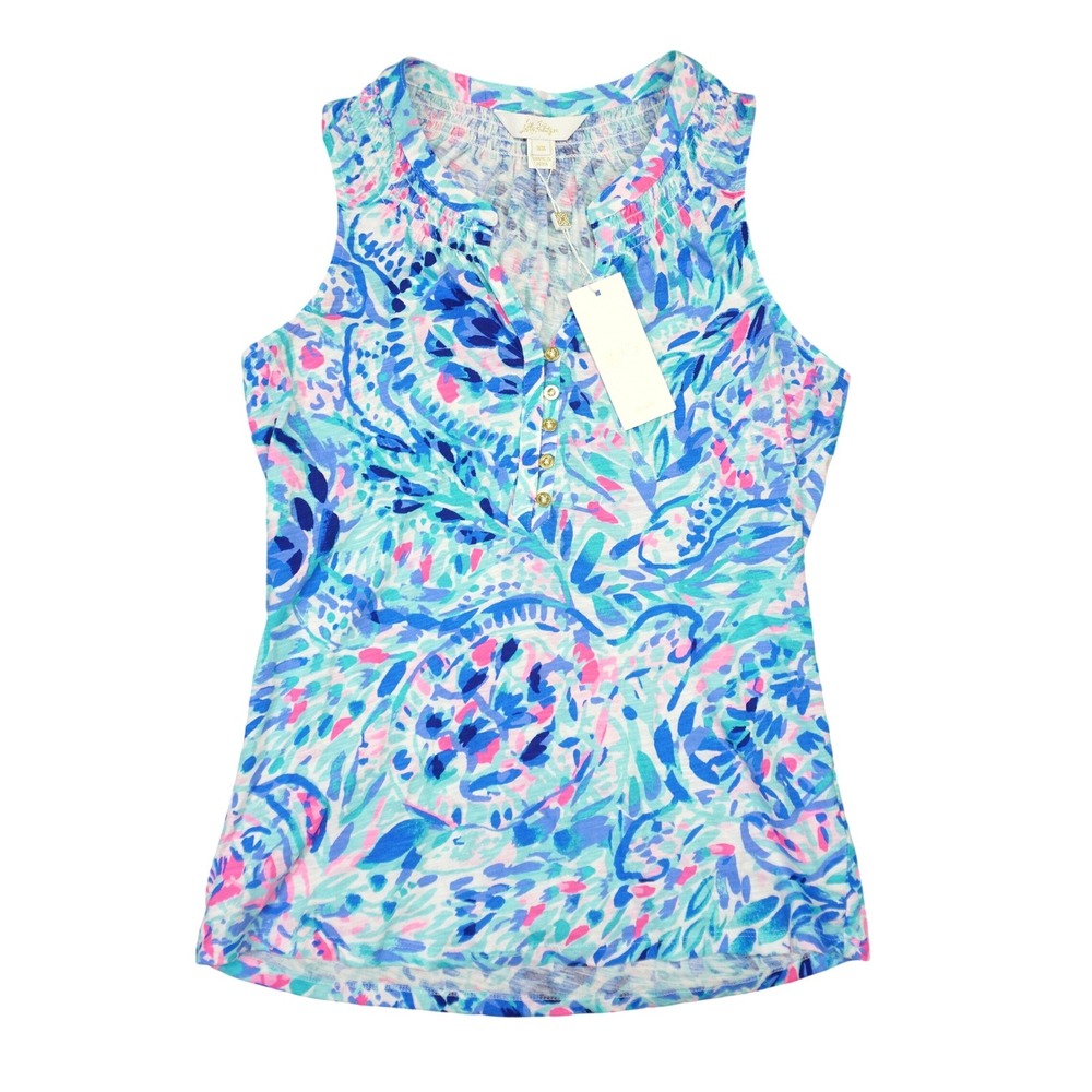 Lilly Pulitzer Essie Tank Top Women XS Blue Party Wave Sea Turtle Smocked Henley
